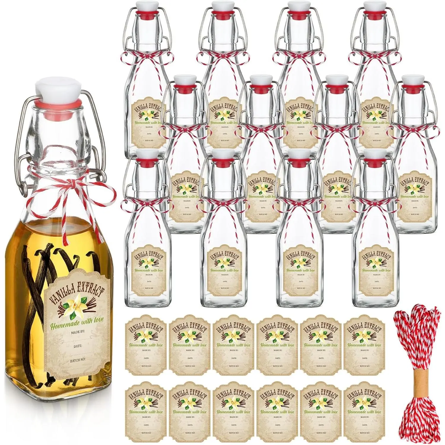 12 Pcs 4 oz Swing Top Clear Square Glass Bottles, Flip Top Glass Containers with Caps, Cotton Twines & Labels, Suitable for Vanilla Extract, Oil, Vinaigrettes, Beer, Tea, Home Brewing Use