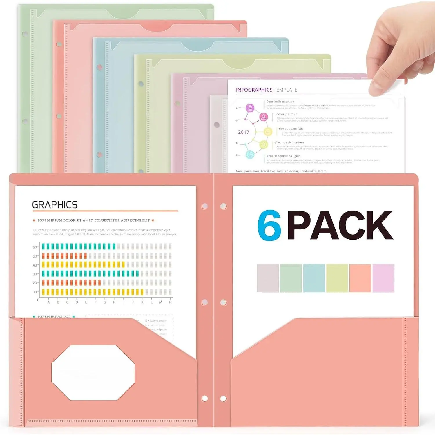 6 Pack 2 Pocket Folders with Clear Front Pocket and 3 Holes, Pastel Folders with Pockets for 3 Ring Binder, Heavy Duty Plastic Folders for Letter Size Paper, Ideal School and Office Supplies