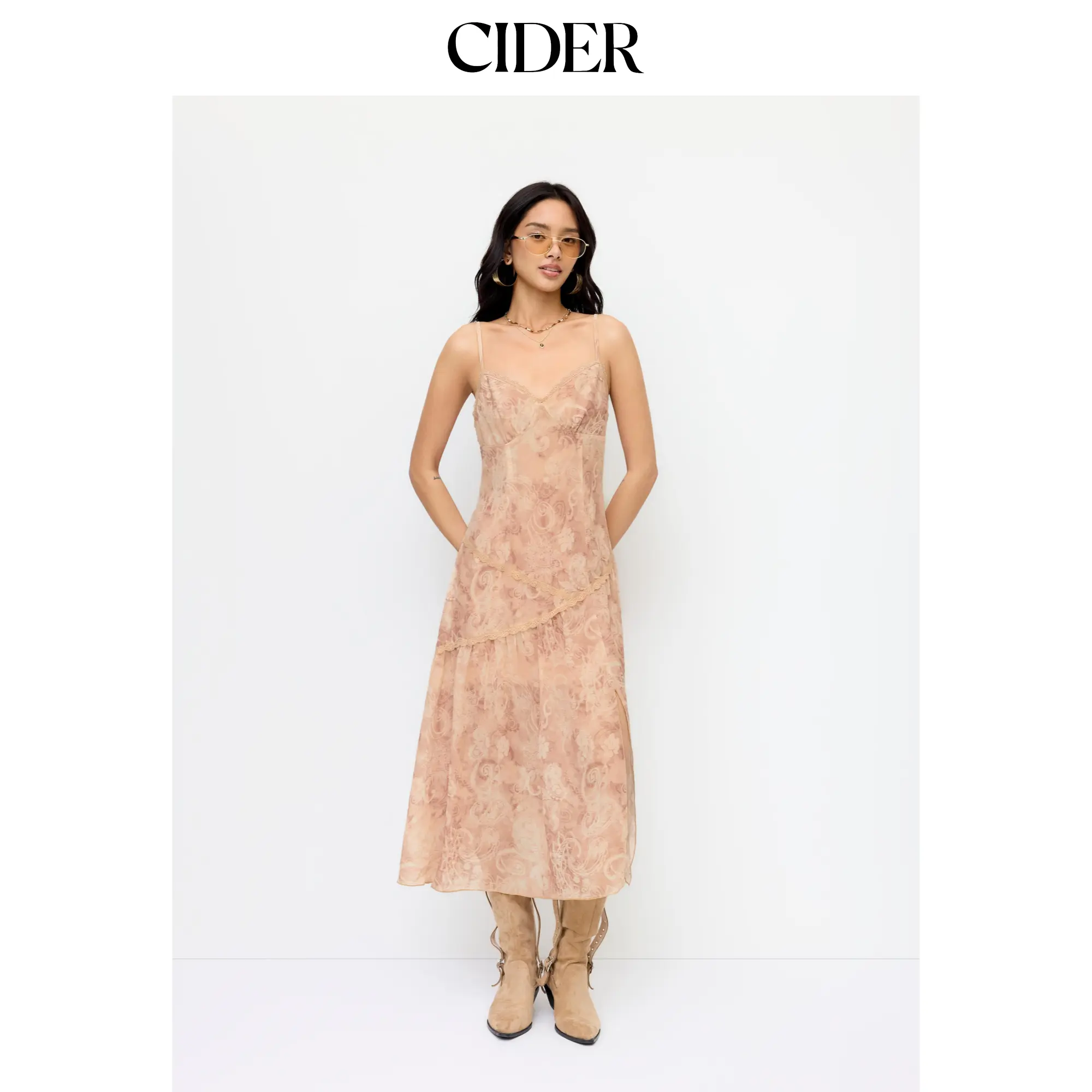 Cider Chiffon Paisley Print V-Neck Lace Trim A-line Maxi Dress