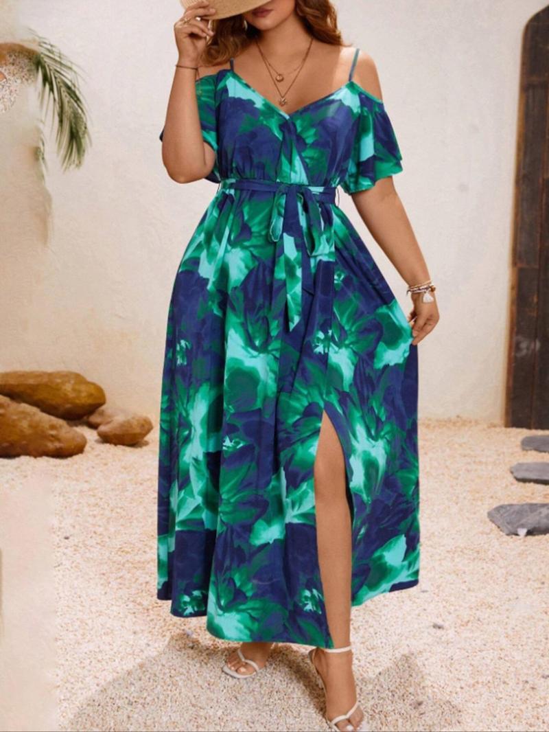 【Plus Size】 All Over Print Cold Shoulder Dress, Boho Short Sleeve Dress for Beach Holiday Vacation, Women's Clothes for Summer, Boho Style Dresses