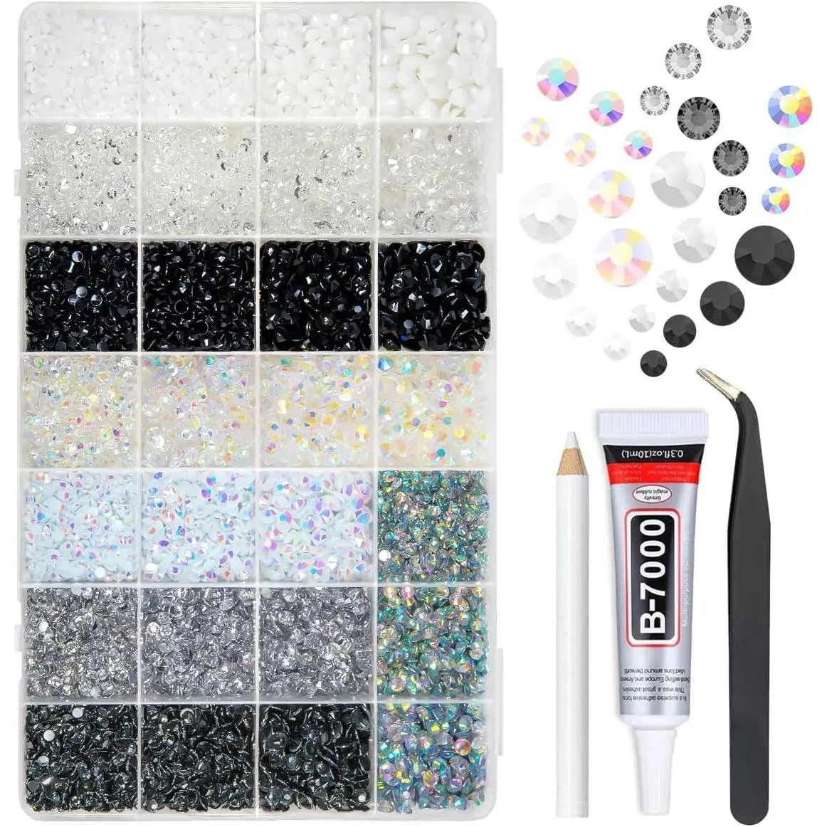 28 Types Black White Silver Clear Jelly Resin Rhinestones w B7000 Glue for Bedazzling Crafting 3-6mm Flatback Stones Gems Diamonds Crystals for Face Makeup Crafts Tumblers Bottles Clothes ShoesGift