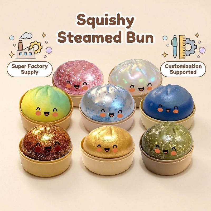 [Blind Box]2026 New Glitter Dumpling Squishy with Steamer Box, Soft Sensory Fidget Steamed Bun Squeeze Tool for Adult Stress & Anxiety Relief, easter eggs Colorful Gradient Dragon Statue prefilled Pull Back Monster Car and Truck Pack christmas toys