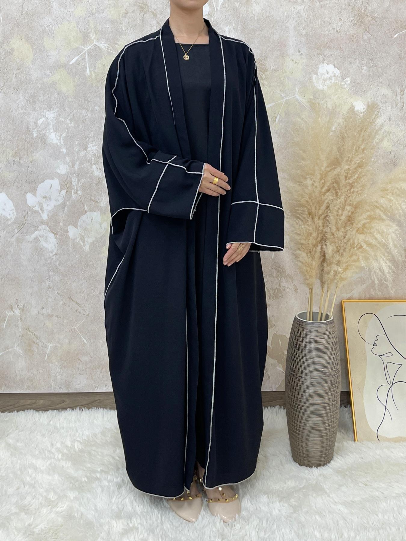 Arabic Clothing-Solid Contrast Binding Belted Abaya With Hijab Without Inner Dress, Modest Batwing Sleeve Open Front Abaya, Summer Outfits 2024, Women's Islamic Clothing for Spring & Fall, Dressy Abayas Arabic Clothing-Solid Contrast Binding Belted Abaya With Hijab Without Inner Dress, Modest Batwing Sleeve Open Front Abaya, Summer Outfits 2024, Women's Islamic Clothing for Spring & Fall, Dressy Abayas