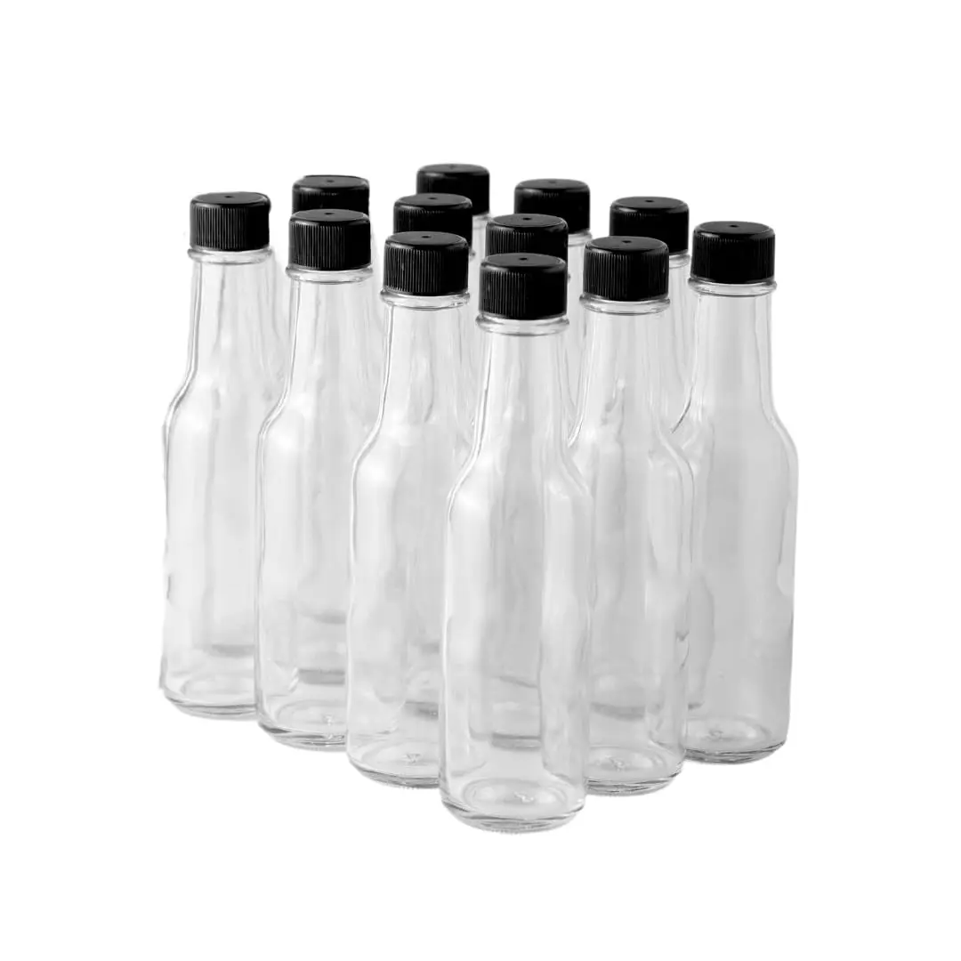 Woozy Bottle 5 oz (Pack of 12) Small Hot Sauce Bottles for Canning Empty Clear Glass Sauce Bottle with Black Plastic Caps Leakproof Cap - No Dripper Included