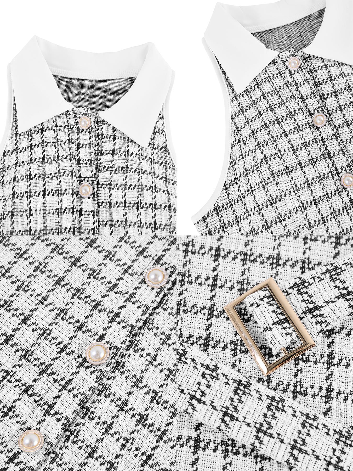 Aliling Women's Elegant Plaid Mini Dress, Spring Summer Sleeveless Button Hem Pleated A-Line, Fitted Collar Design, Perfect for Casual Wear, Casual Dresses