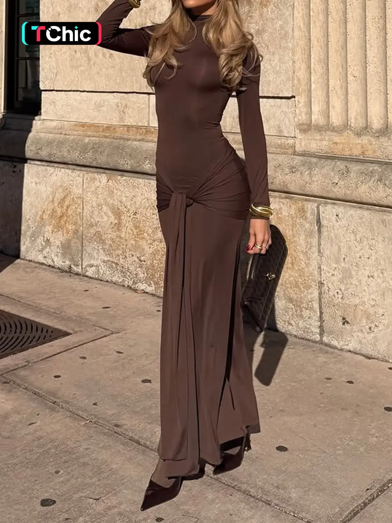 Elegant Long Sleeve High Neck Dress, Waist Tie Drop Bow Slim Fit Formal Party Gown, Perfect for Evening Events, Date Night, Bachelorette Parties