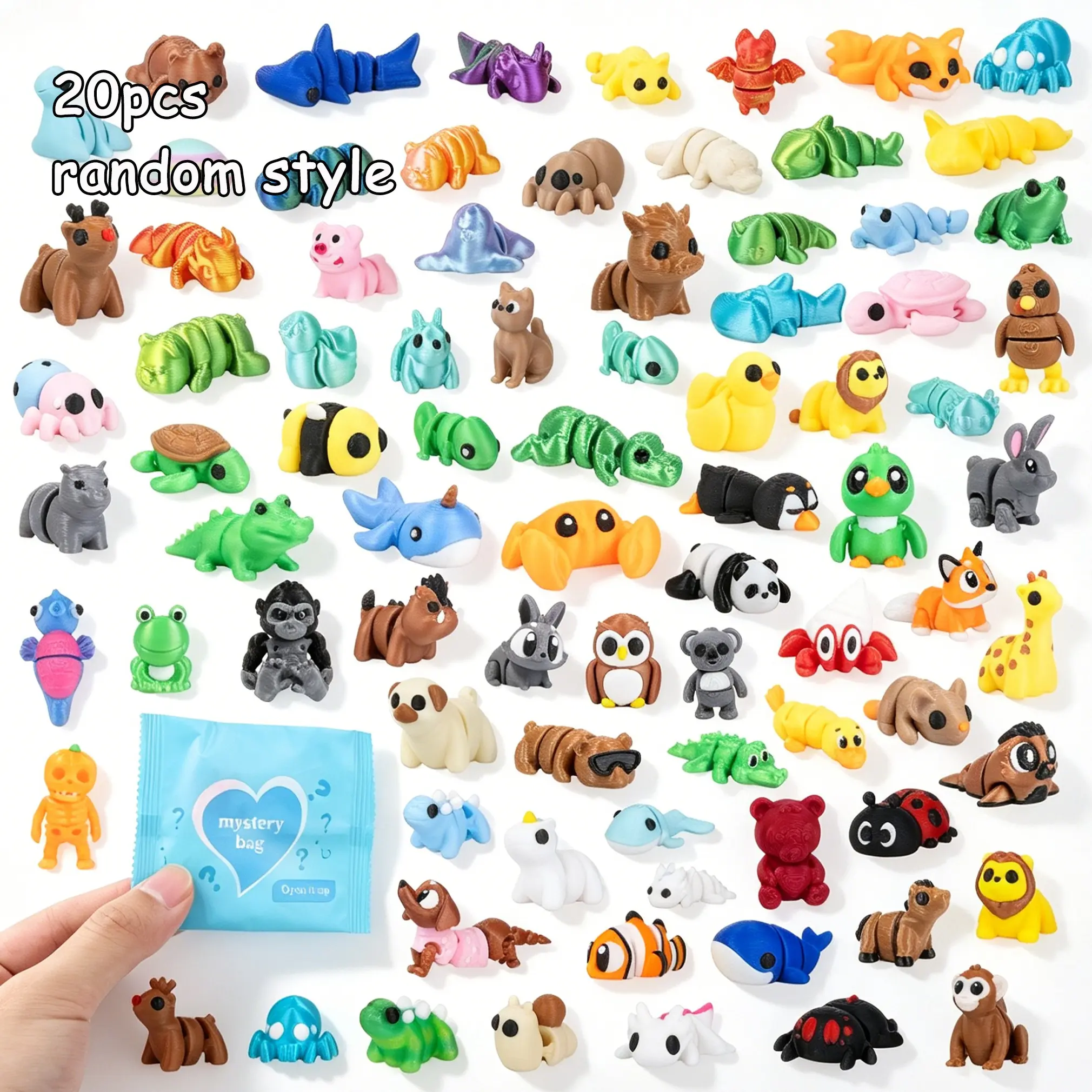 20 Piece 3D Printed Multi-Jointed Articulated Figures Animal Blind Bag, Articulating Figures, Movable Figurines, Multicolor Random Style Animal Figurines, Animal Collectibles, Perfect Surprise Gift for Parties, Figurine Set