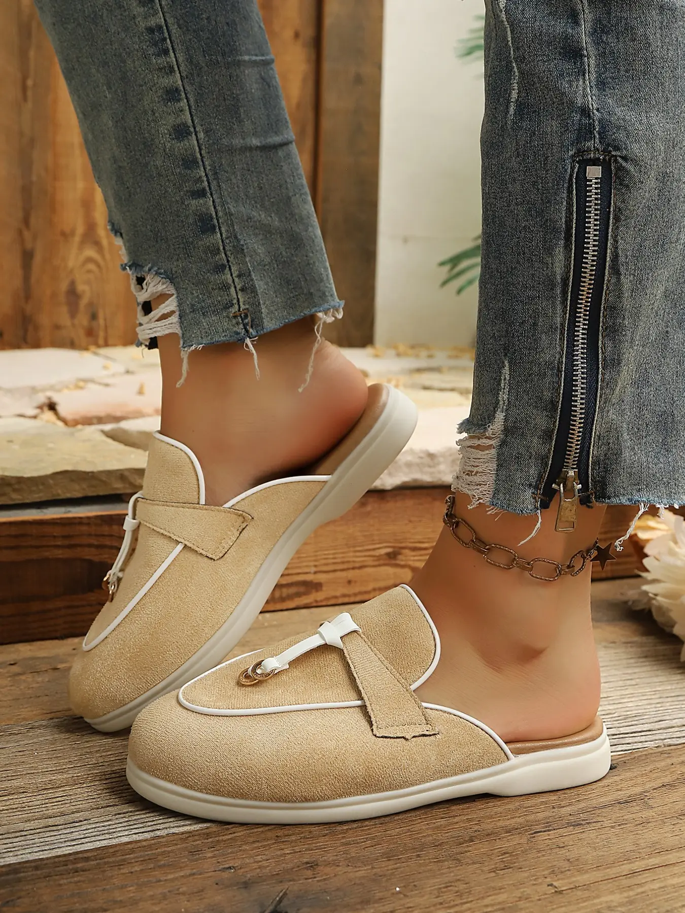 New Spring Summer Slip-On Retro Colorblock Canvas Mules, Edge Metal Ring Fringe Flat No Heel Loafers for Women, Large Sizes