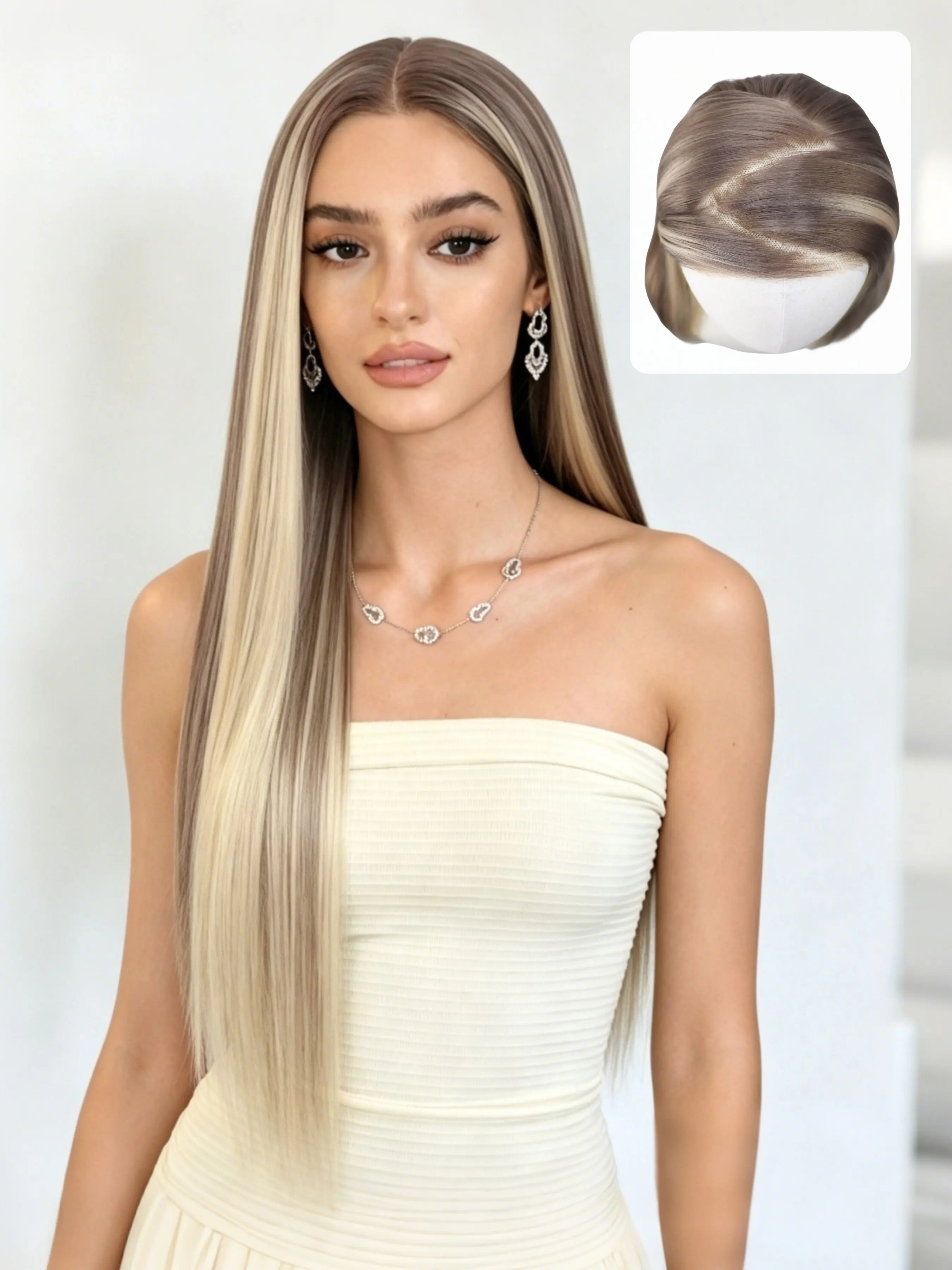 7x5 HD Lace Front Wig Blonde Brown Highlight Lace Frontal Wig Skunk Stripe Highlight Straight Wig Free Part Pre Plucked Natural Hairline Heat-Resistant Fiber Concert Look Straight Wig Coachella Festival Dress Code Wear to Go Women Daily Wear 28 Inches