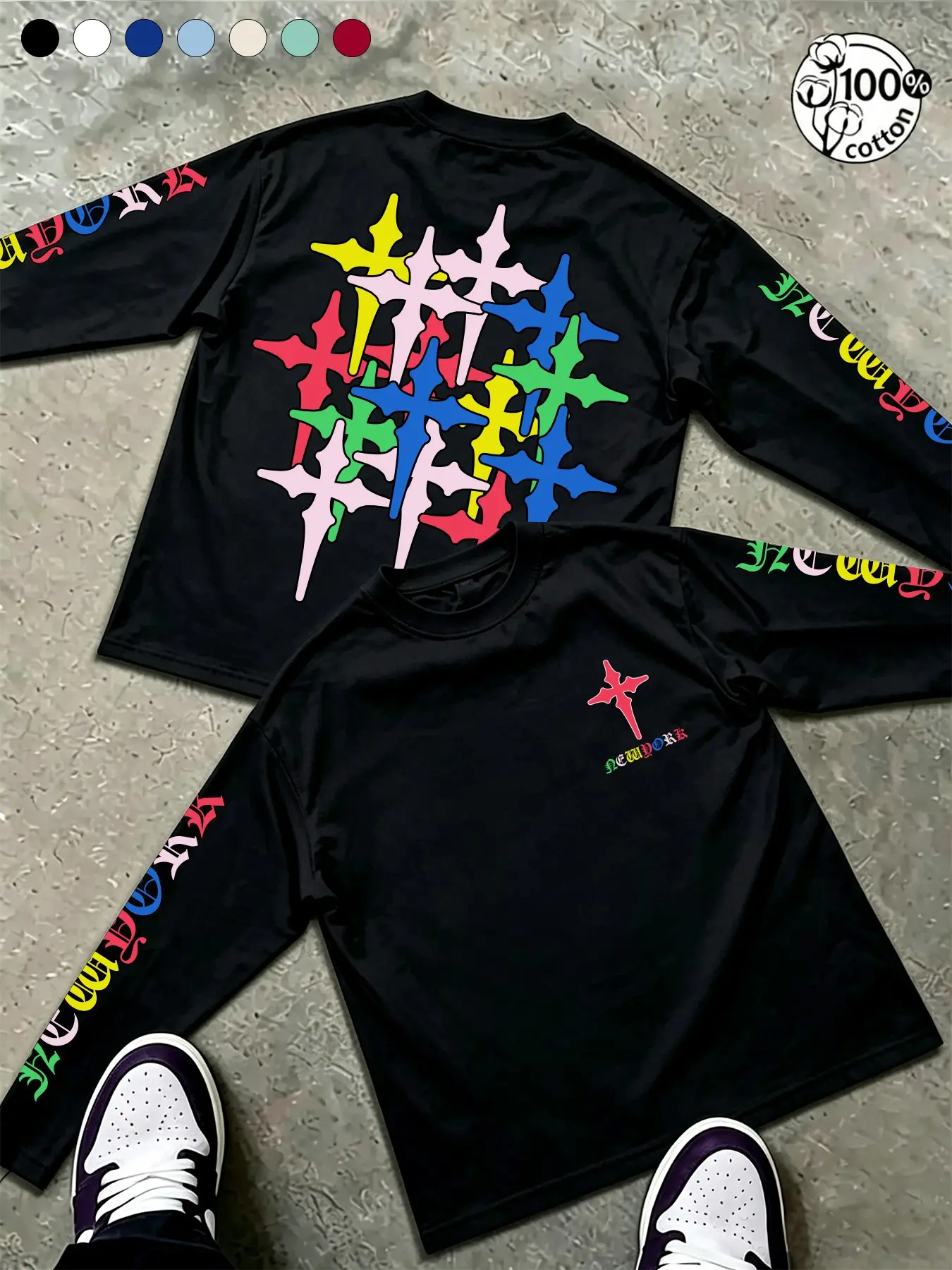 Y2K Gothic New York Letter Print Loose 100% Cotton Round Neck Long Sleeve T-Shirt, Colorful Cross Pattern, Trendy Streetwear for Teens, Casual