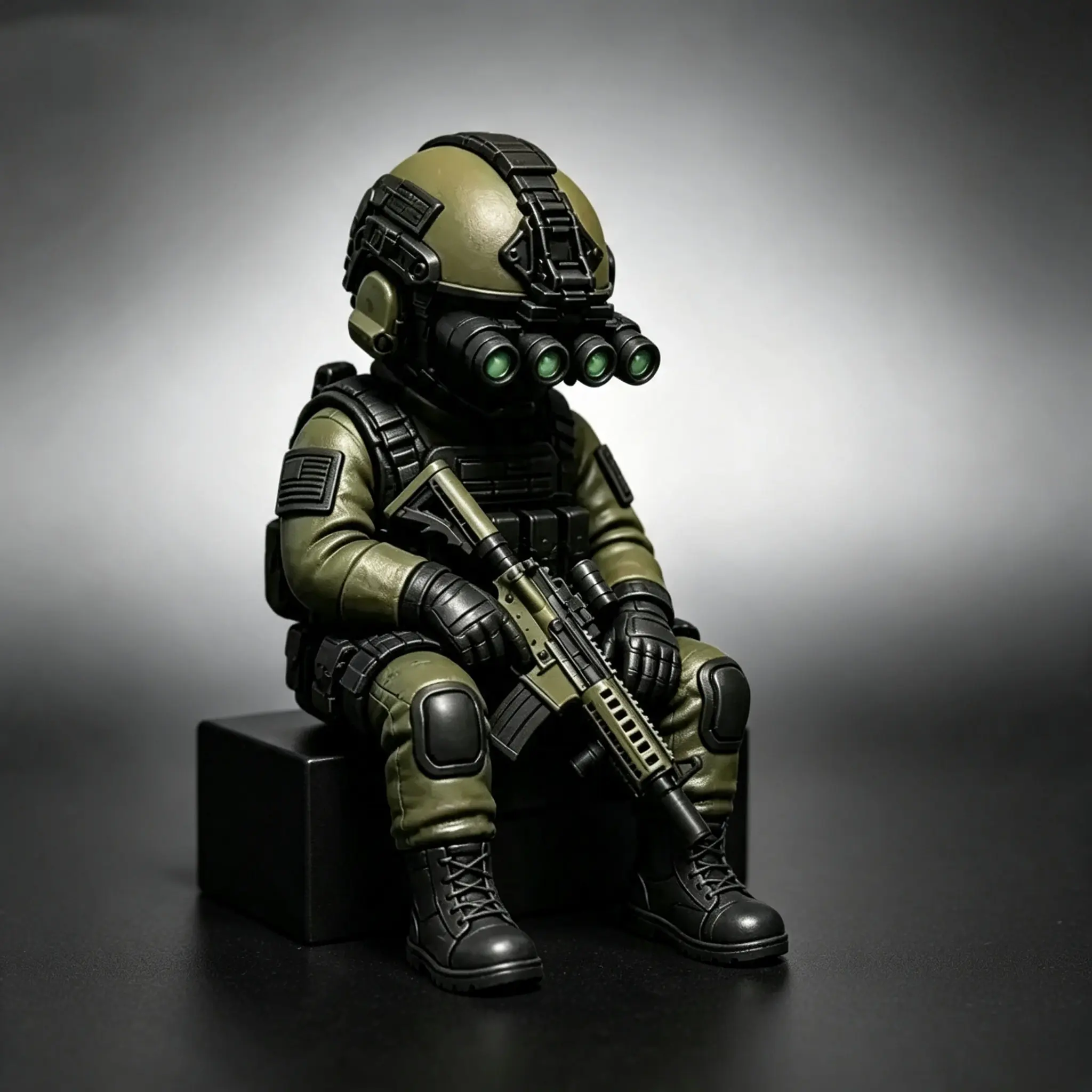Hardcore Tactical Mini Special Forces Resin Figure - Fully Equipped Night Vision Soldier with Tactical Gear, Military Decor, Collectible Toy, Unique Father’s Day Gift for Military Enthusiasts (Soldier Pose Shelf/Desk Accent)