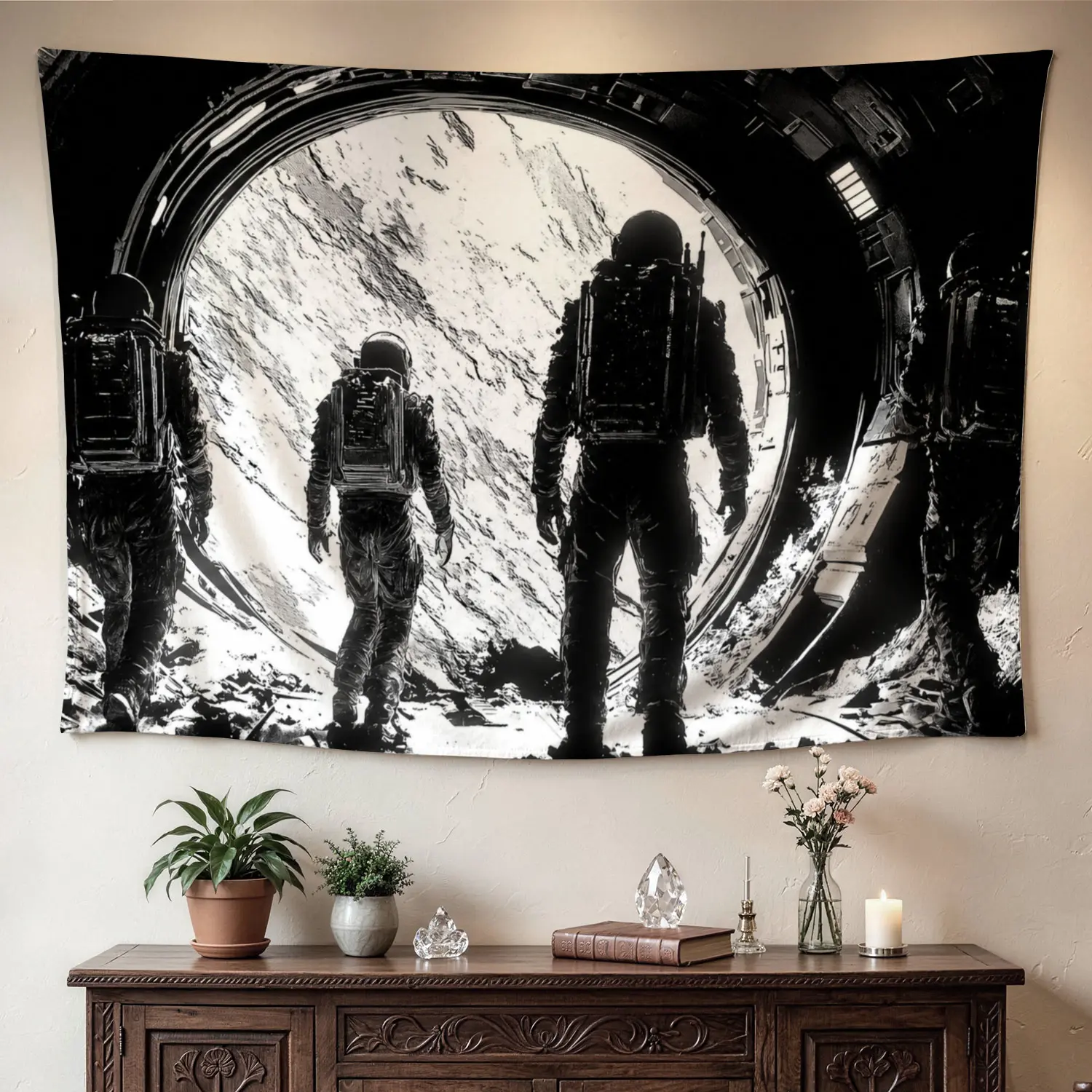 Astronaut Space Exploration Black and White Polyester Wall Tapestry - Multi-Size Horizontal High-Def Print Artwork, Colorfast Hippie Vibe Easy-Install Wall Decor for Living Room, Family Gift Idea
