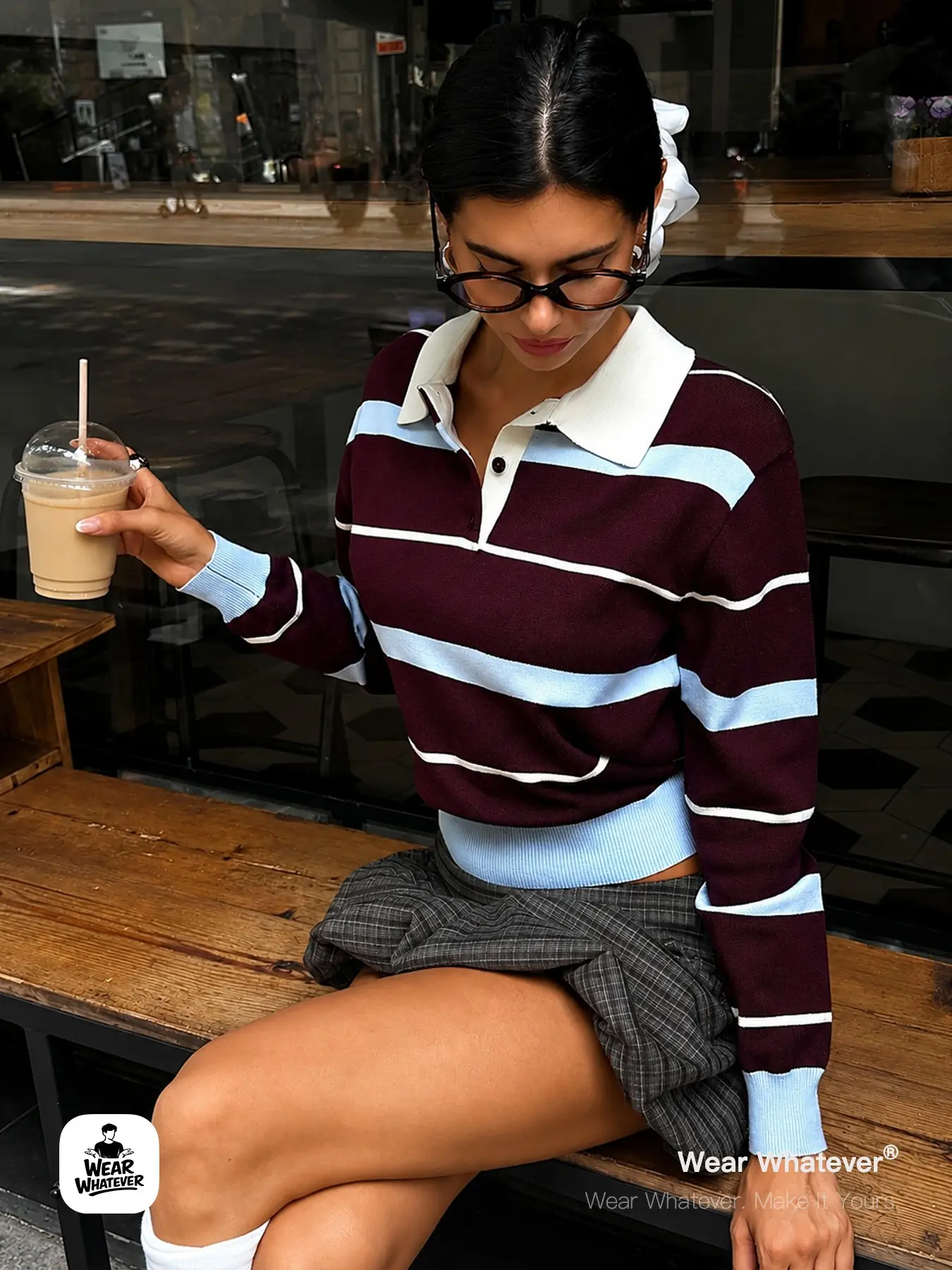 Wear Whatever Women’s Striped Long Sleeve Polo Sweater Top, Collared Knit Rugby Shirt for Preppy Y2K College Style, Casual Streetwear, Brunch and Fall Outfit