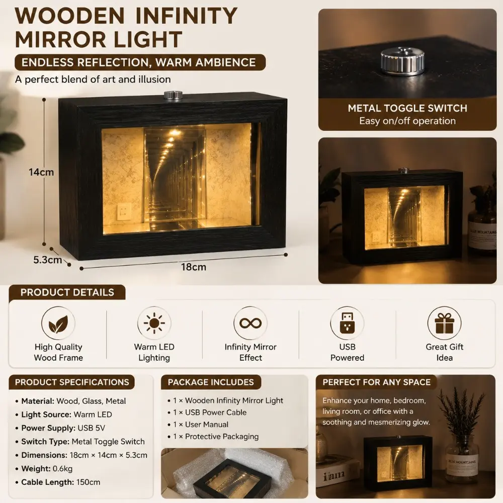 Collectible Ornament Wooden Infinity Mirror Table Lamp, Warm LED, Endless Reflection Optical Illusion Decoration, Suitable for Bedroom And Living Room, Halloween Decoration, Halloween Ornament Scary Atmosphere