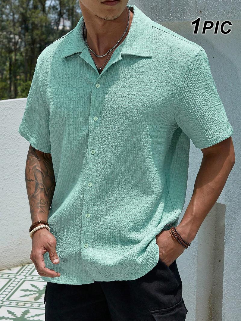 Two-Piece Set Men's Solid Textured Short Sleeve Shirt & Shorts, Regular Fit Casual Comfy Button Down Top & Shorts for Summer, Men's Clothes for Beach Vacation