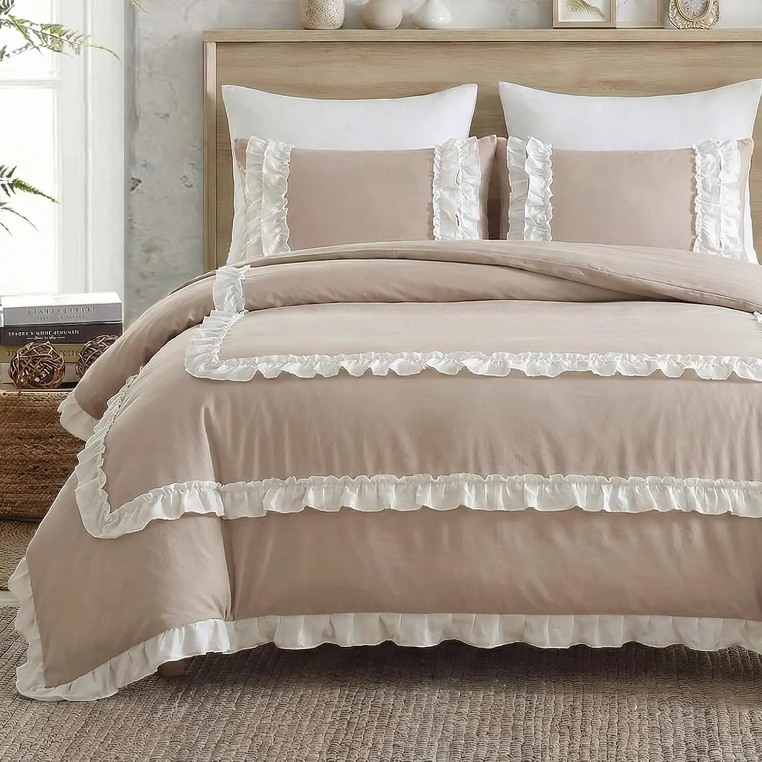 Taupe Ruffle Comforter Set Queen Size - 3 Pieces Bedding with Lace, White French Pastoral Style, Includes Comforter & Pillowcases for Elegant Bedrooms