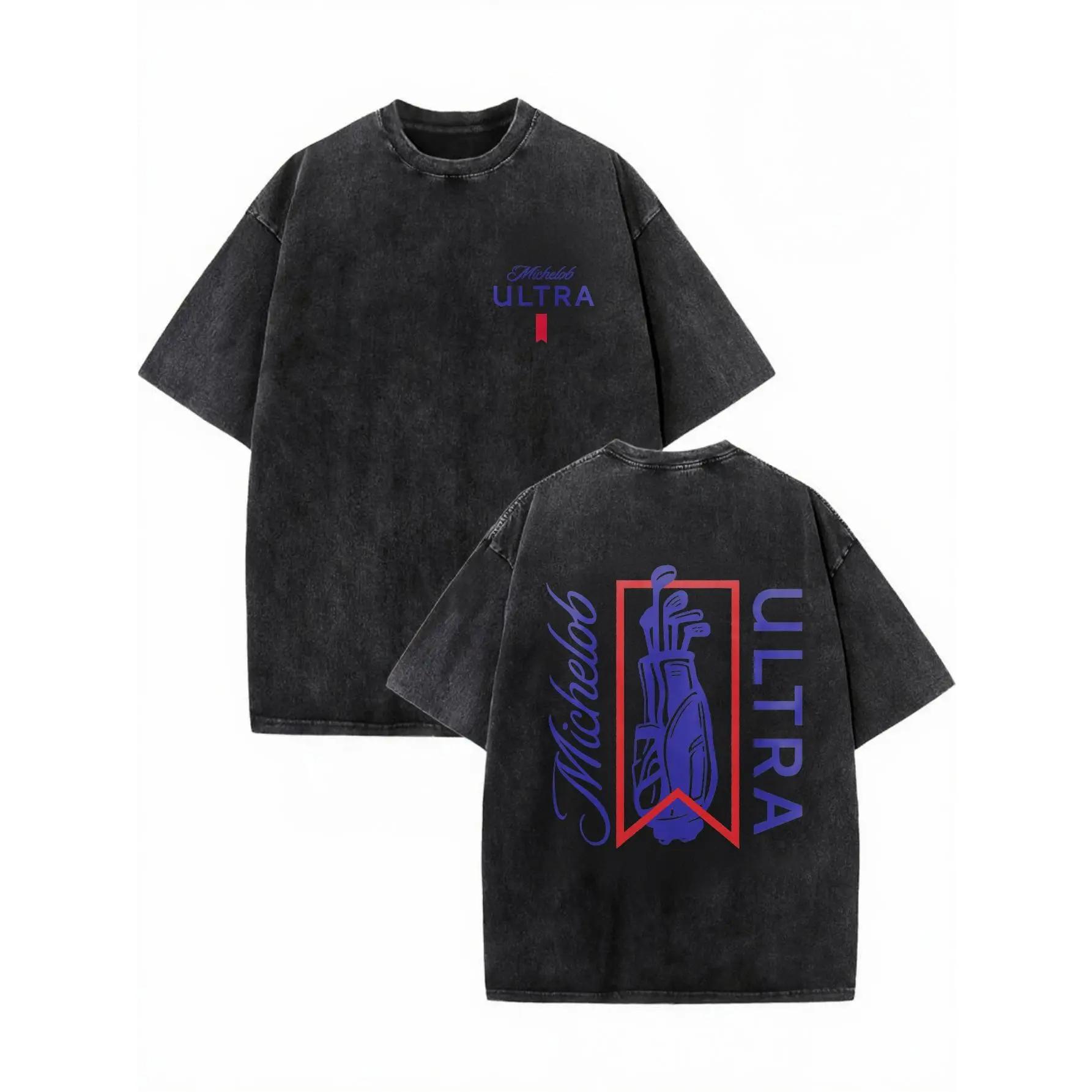 Michelob Ultra Golf Bag Silhouette Wash Cotton Vintage Distressed Oversized Graphic Tee Men's Short Sleeve Pure Cotton T-Shirt Loose Fit, Retro Sports Streetwear Vintage Casual Golf Beer Aesthetic Baggy 100% Cotton Tee Gift Menswear Top Tshirt