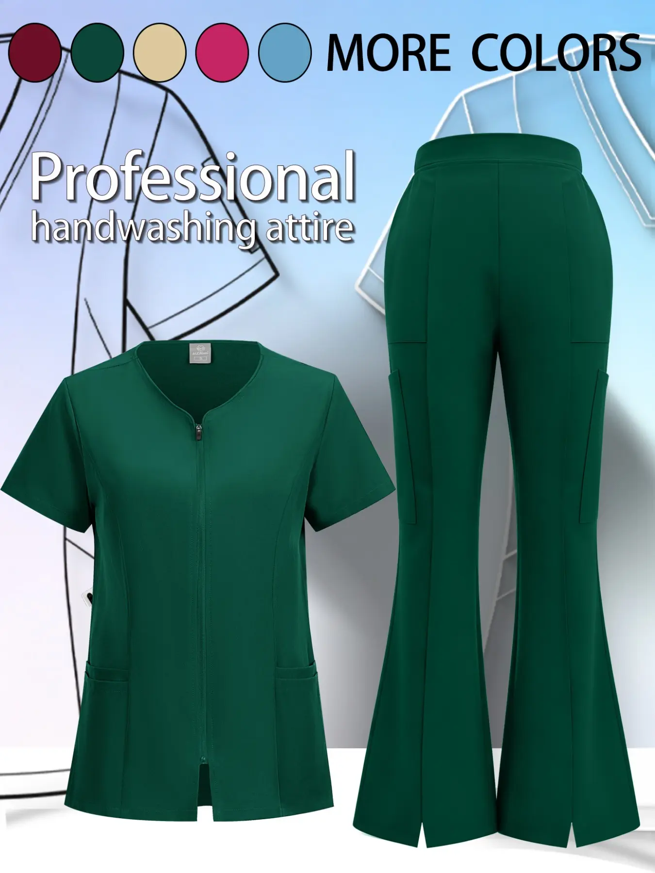 Fashion Solid Short Sleeve Zipper Top Set, V-Neck Design, Loose-Fit Medical Uniform, Ideal for Nurses, Beauty Salons, Daily Wear
