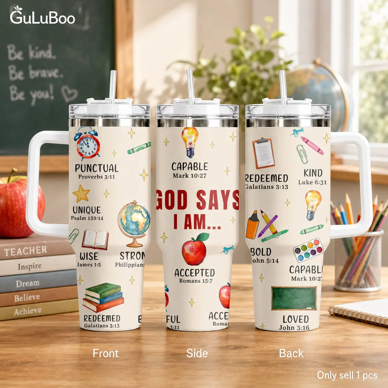 God Says School Faith Art Vacuum Flasks GuLuBoo Vacuum Flasks 40oz Stainless Steel Vacuum Insulated Tumbler with Straw Leak Resistant Travel Mug Thermos Cup for Coffee, Gym & Office, Ideal Holiday Gift