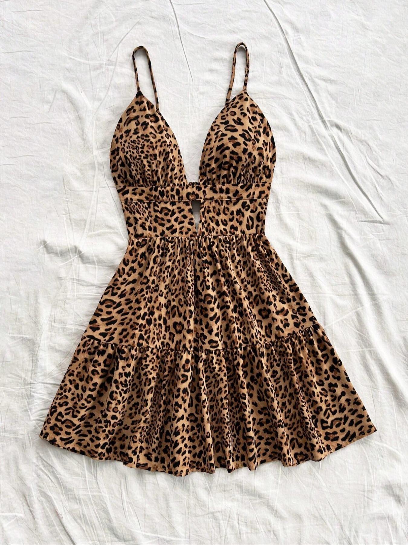 Women's Summer Fashion V-Neck Leopard Print Backless Cut Out Dress, Sleeveless Slim-Fitting Casual Party Wear, Daily Commute Style, Backless Sleeveless Dresses