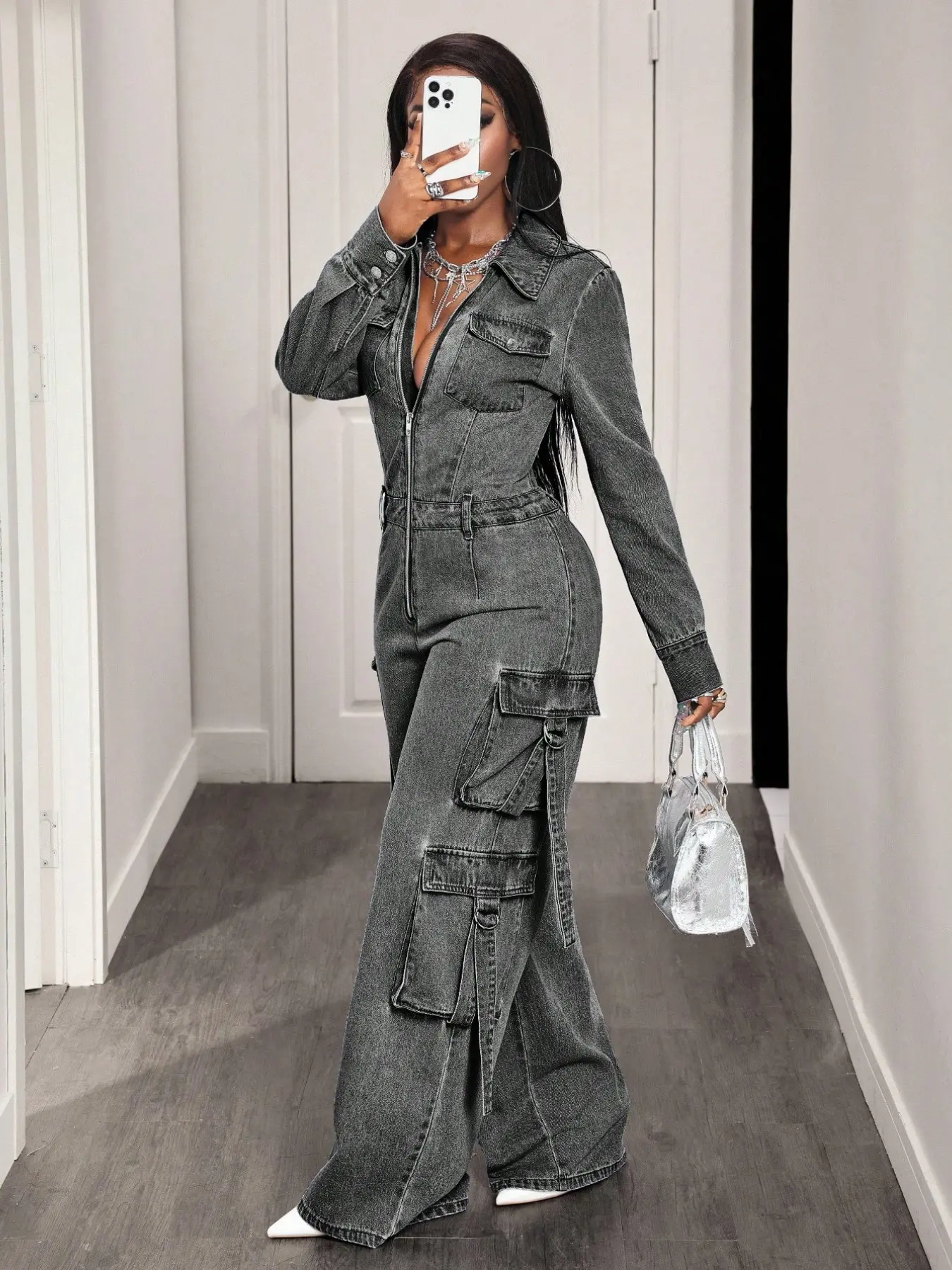 Casual Workwear Denim Overall, Long Sleeve Turn-Down Collar, Front Zipper, Multiple Pockets, Tie Detail, Wide Leg Jeans