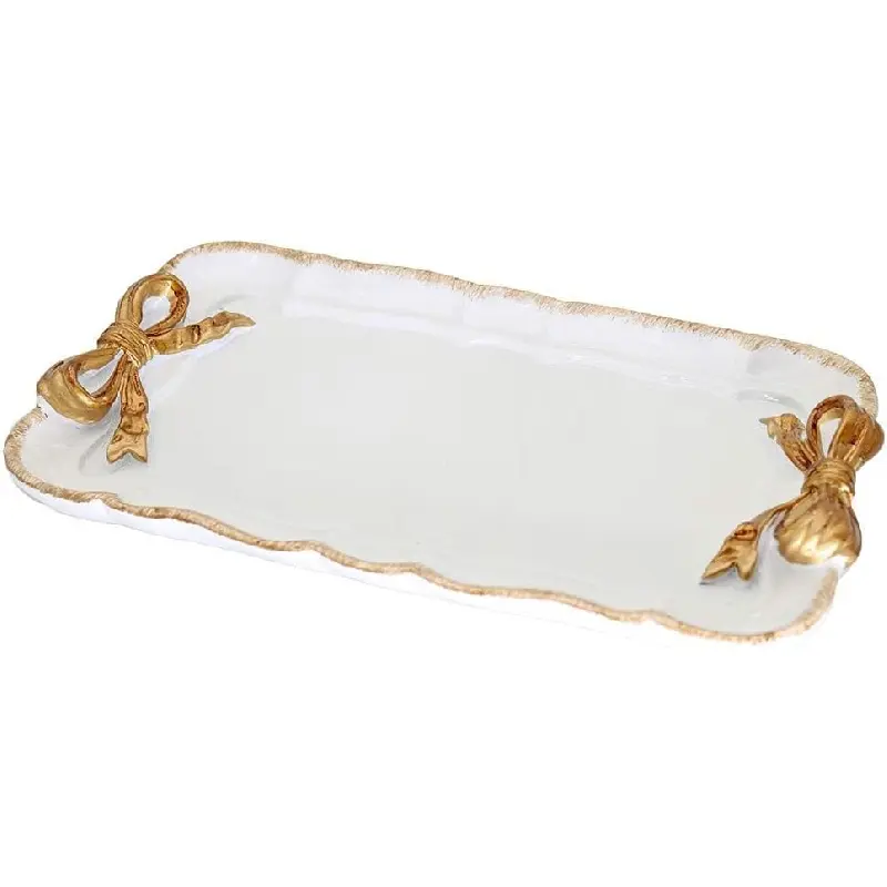Retro Coquette Style Rectangle Resin Jewelry Tray with Bow Decor - Multifunctional Organizer for Rings, Cosmetics - Tabletop Storage Plate