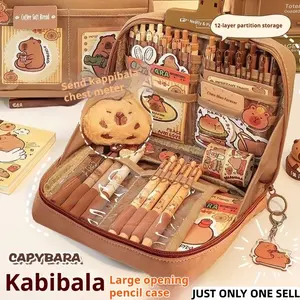 Capybara Stationery Set, Cute Capybara Pencil Case, Multi-Layer Student Pen Box, Includes Stickers, Keychain, Brooch, Gift Set, Student Essentials, School Supplies