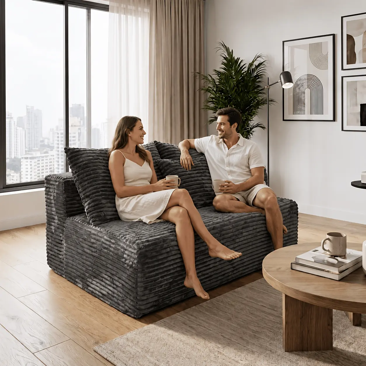 59-Inch Cloud Sofa with Vertical Ribbed Texture, No Assembly Required, One-Piece Fluffy Couch, Space-Saving Furniture for Small Spaces, Living Room, Apartment & Home Theater