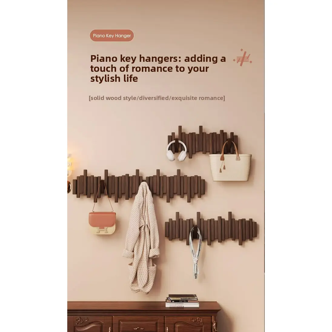 Handcrafted Solid Wood Piano Key 3-Hook Black Wall Coat Rack - No-Drill Heavy-Duty Home Supplies Hooks for Clothes, Door Back/Entryway, Room Decor Accessories, Wooden, Convenient Hook
