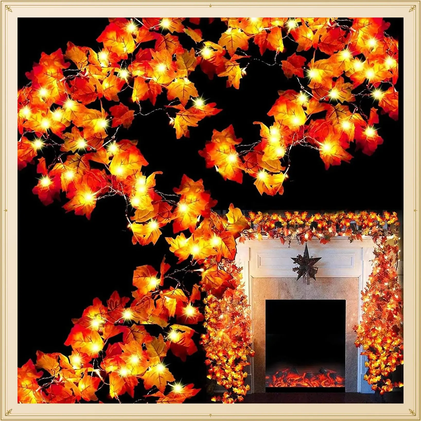 6 Pack 60Ft 120 LED Fall Garland with Lights, Large Maple Leaves, Battery Operated Waterproof Autumn Decorations for Indoor Outdoor Home Halloween ThanksgivingGift
