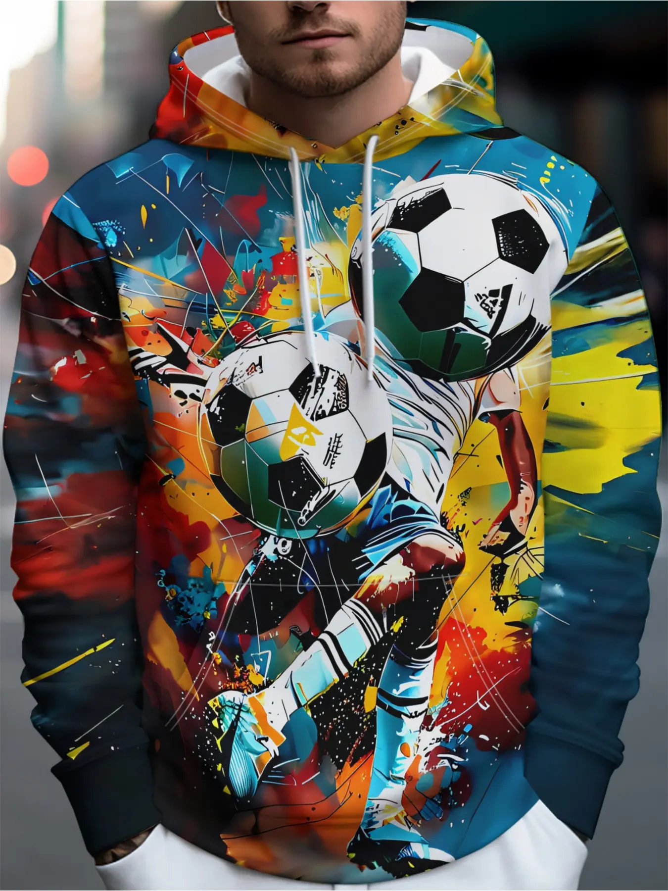 The male model, dressed in a trendy street-style hooded sweatshirt, is dribbling the ball and breaking through in a colorful splatter painting - exuding a strong streetwear vibe and effortlessly creating a personalized outfit.