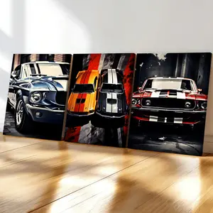 3-Pack Wood Frame Canvas Posters, Modern Retro Race Car Art, Waterproof, Odorless, Ideal for Living Room, Bedroom, Office Decor