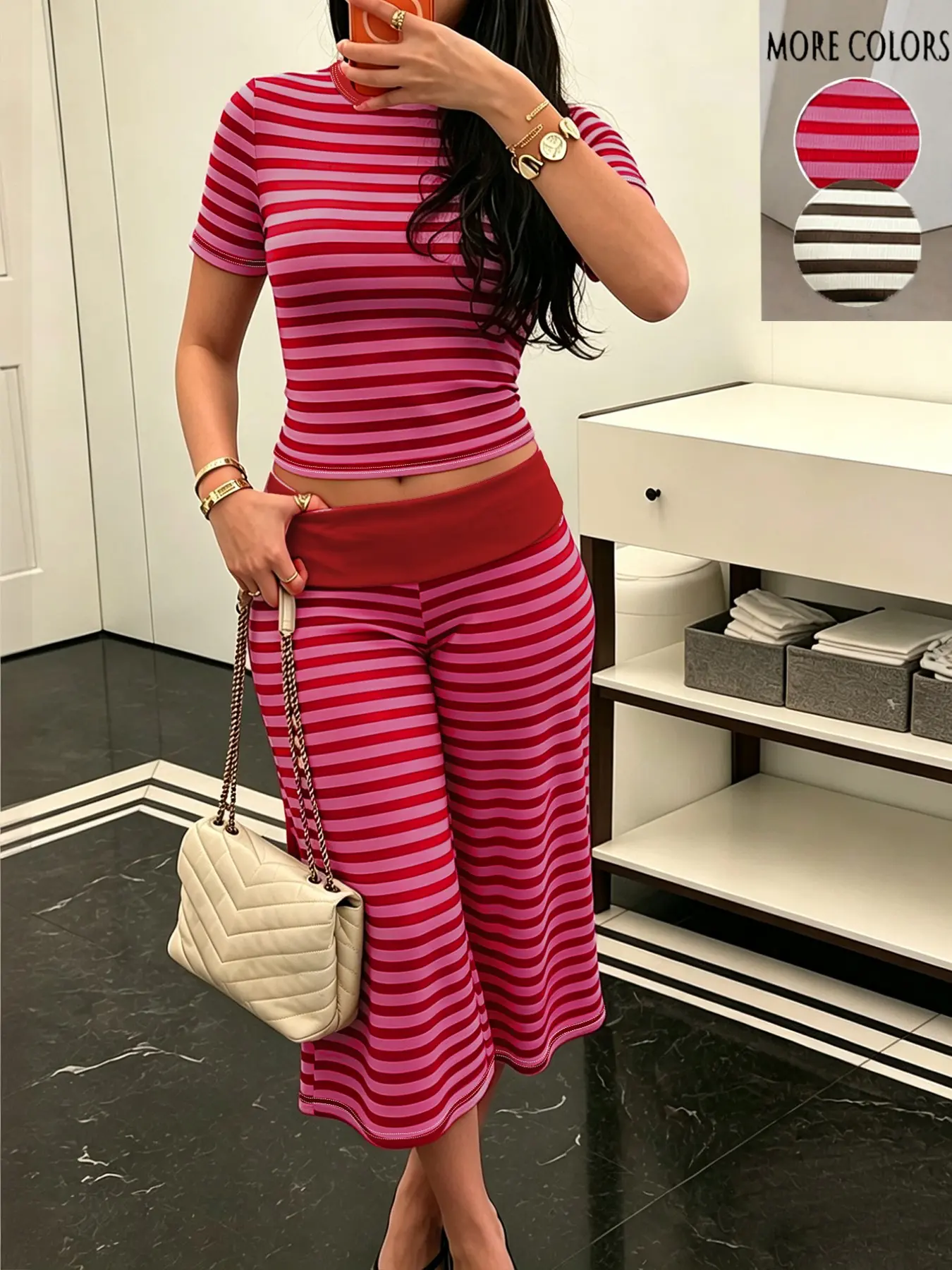 Striped Short Sleeve Blazer Set, Slim Fit Short Sleeve Top, High Waist Wide Leg Seven-Quarter Pants, Casual Home Wear Two-Piece Set