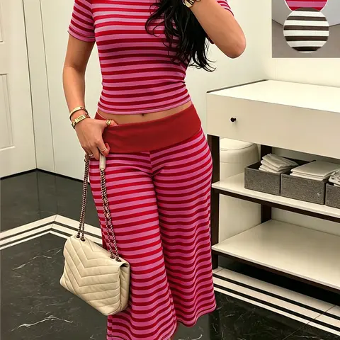 Striped Short Sleeve Blazer Set, Slim Fit Short Sleeve Top, High Waist Wide Leg Seven-Quarter Pants, Casual Chic Home Wear Two-Piece Set