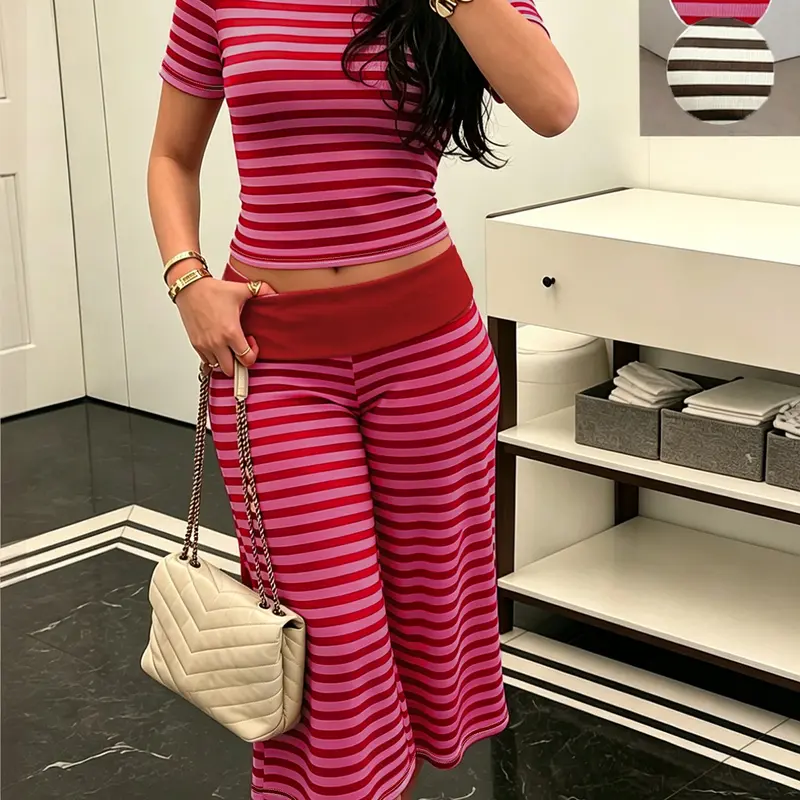 Striped Short Sleeve Blazer Set, Slim Fit Short Sleeve Top, High Waist Wide Leg Seven-Quarter Pants, Casual Chic Home Wear Two-Piece Set