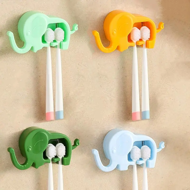 Random Color Cartoon Elephant Design Toothbrush Holder, 8 Counts Punch-free Wall Mounted Toothbrush Storage Rack, Bathroom Toothbrush Hanging Rack with Hook, Room Decor
