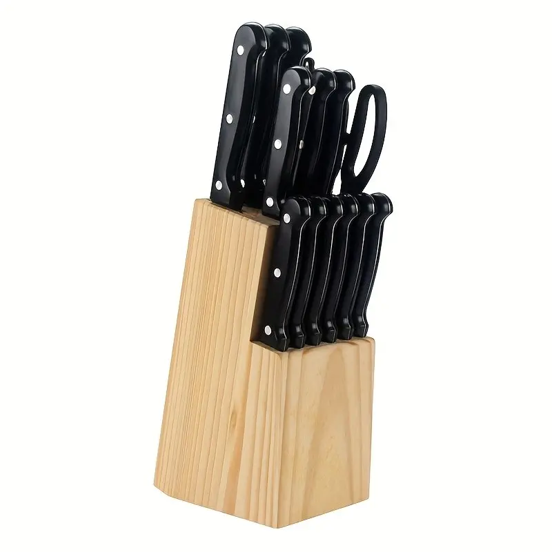15PCS Kitchen Knife Set with Solid Wood Block, High Carbon Stainless Steel Blades, Ideal for Cutting & Mixing Meat, Fruits, Vegetables and Other Foods
