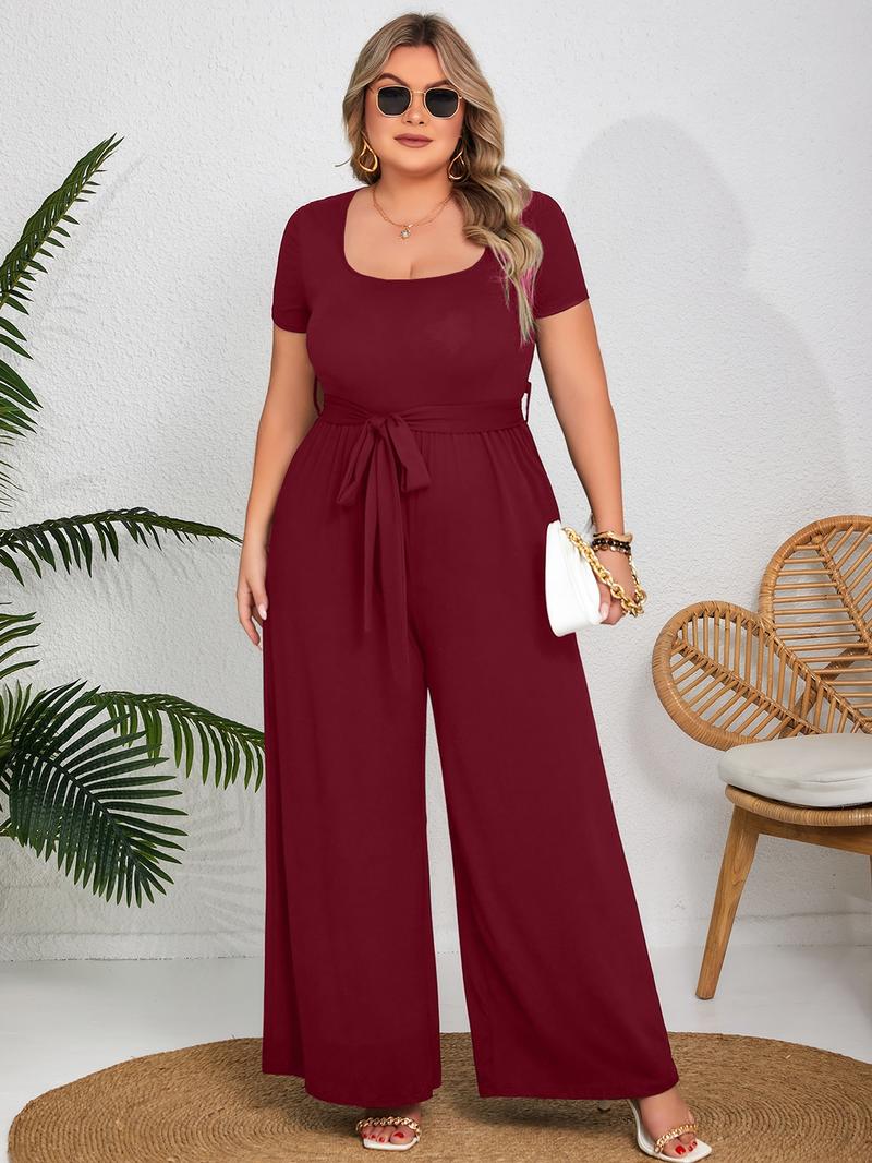 Plus Size Solid Wide Leg Jumpsuit, Elegant Square Neck Belted Jumpsuit for Daily Outdoor Wear, Women Plus Clothing for All Seasons