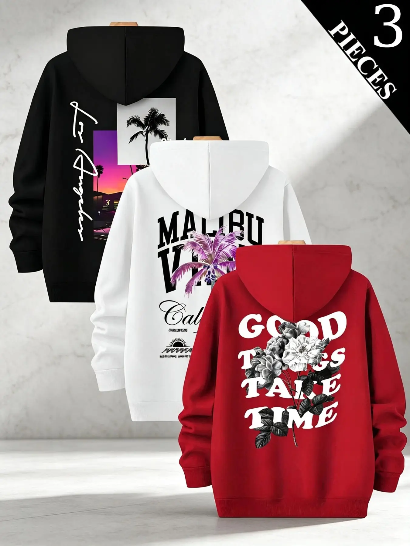 3-Pack Men's Loose Fit Hooded Sweatshirts, Vintage California Letter Floral Print Long Sleeve Pullover, Fall Winter Apparel