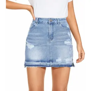 VIPONES Women Denim Skirt High Waist Raw Hem Stretch Ripped Casual Mini Jean Skirts