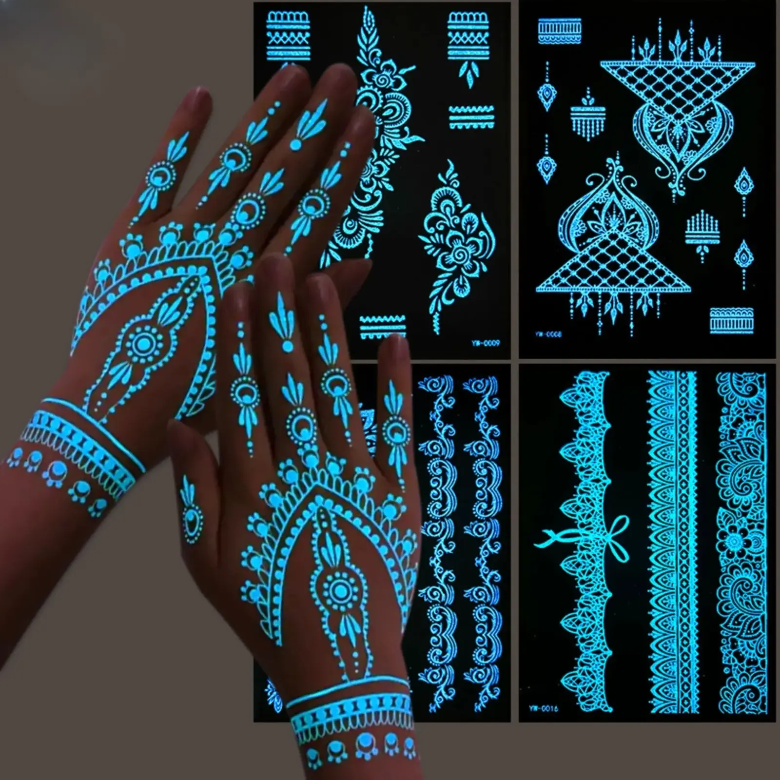 Luminous Glow-in-the-Dark Temporary Tattoo Stickers, Indian Henna Lace Hand Patterns, Waterproof Long-Lasting Body Art Decals, Stylish Body Decor For Festivals, Costume Parties And Cosplay Looks