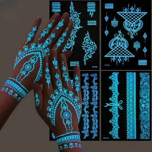 Luminous Glow-in-the-Dark Temporary Tattoo Stickers, Indian Henna Lace Hand Patterns, Waterproof Long-Lasting Body Art Decals, Stylish Body Decor For Festivals, Costume Parties And Cosplay Looks