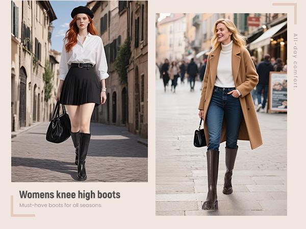 Athlefit Platform Knee High Boots for Women Round Toe Chunky Lug Sole Tall Boots with Side Zipper Black Walking Shoes