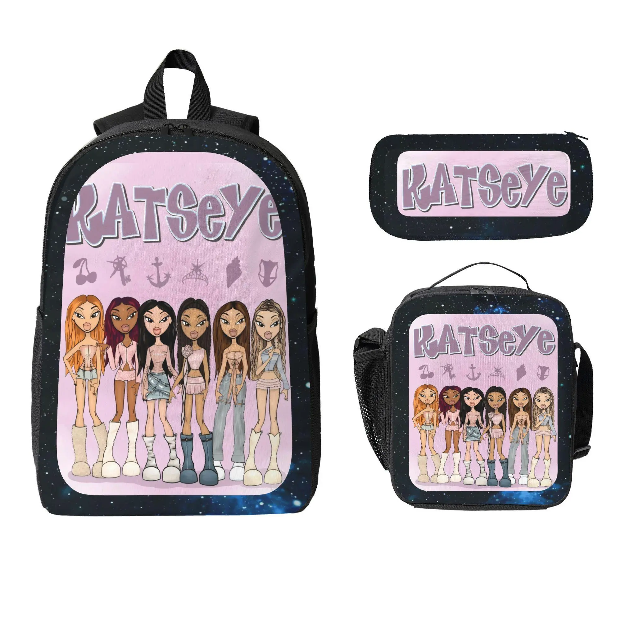 Student 3-Piece Backpack Set with Katseye Lunchbox - Anime Style Starry Sky Character Design for Everyday Carry