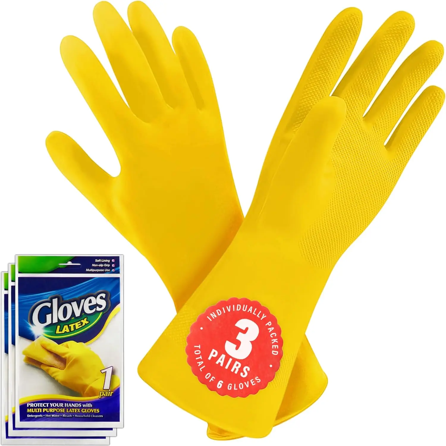 3/6 Pairs Cleaning Gloves,   Rubber Dish Gloves, Non-Slip Gloves for Kitchen and Household