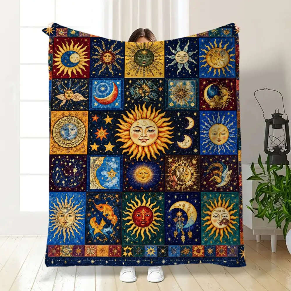 Boho Celestial Sun Moon Star Flannel Throw Blanket, Cozy Gift for Sofa Bedroom Travel Camping, Soft and Warm Bedding Accessory, Cozy Home Blankets
