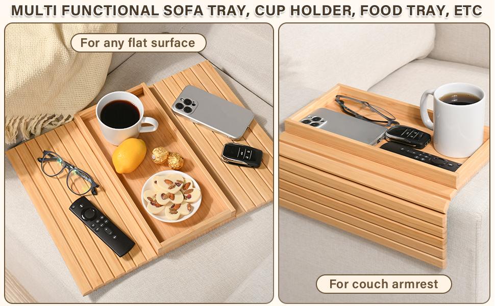 Bamboo Sofa Arm Tray, Anti-Dropping Couch Arm Tray, Foldable Sofa Armrest Tray Couch Arm Table for Eats, Drinks, Snacks, Remote, Cellphone, Cup Holder, Back Anti-Slip Pad