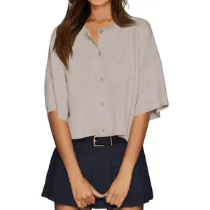 Womens Half Sleeve Cardigan Sweaters Cropped Button Down Tops Oversized Lightweight Ribbed Knit Summer Outfits