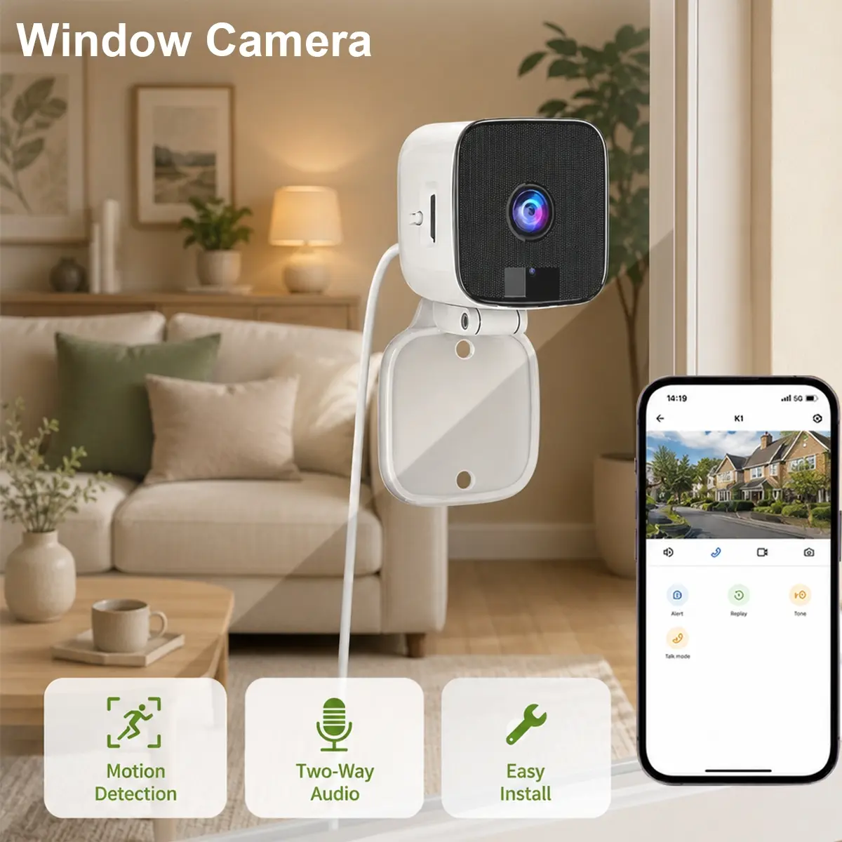 HD Window Camera , 2.4GHz WiFi Indoor Home Security Cameras with Night Vision, Person Pet Vehicle Motion Detection, 2-Way Audio Talk, 24/7 Recording, Multi-Device Sharing for Household Safety,Easy Install
