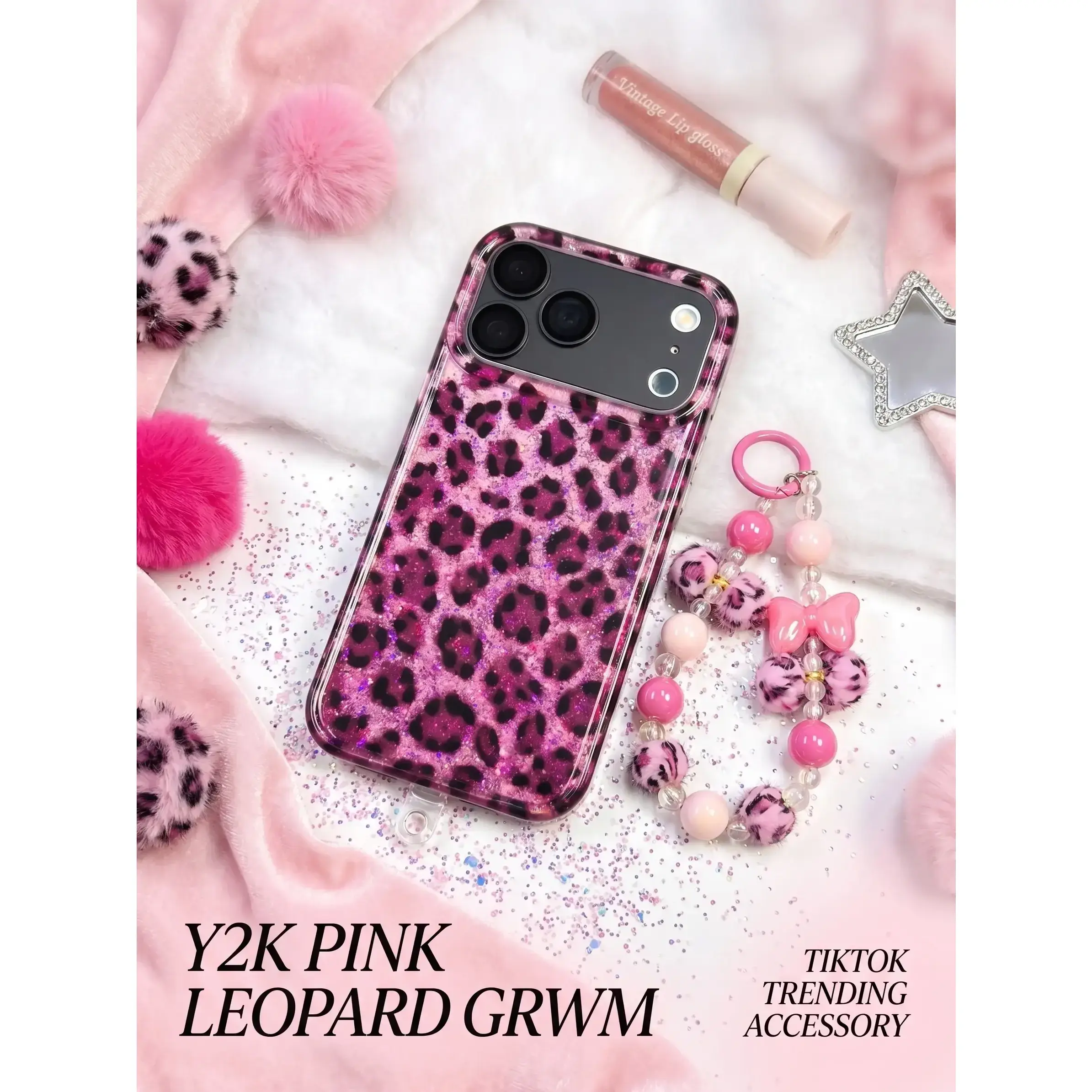 Cute Pink Leopard iP Case with Beaded Wrist Strap, Glitter Shockproof Phone Cover for Women Girls, Kawaii Bow Charm Protective Case Compatible with iPhone 17/16/15/14/Series
